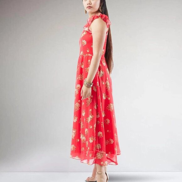 Red Printed Chiffon Ankle-Length Dress | Muvvas Boutique - Picture 3 of 5